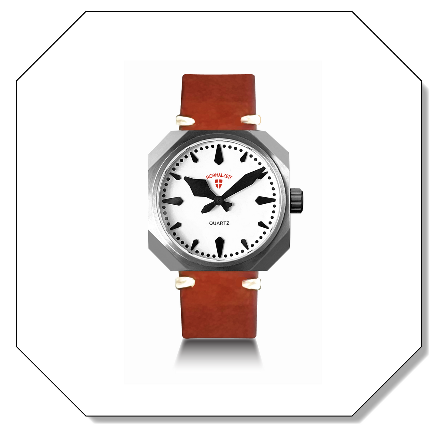 Normalzeit Die Hofdame 36mm women's watch with red glow dial, octagonal stainless steel case, and saddle leather strap