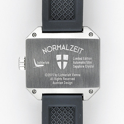 Normalzeit automatic watch engraved case back showing limited edition numbering, Normalzeit crest, and lichterloh branding