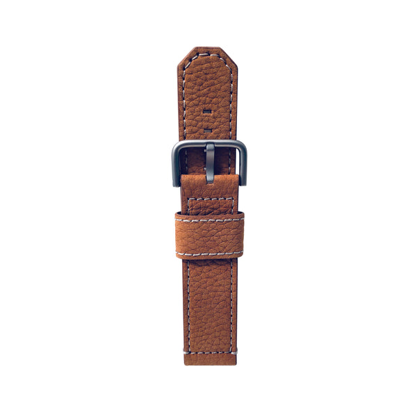 Cognac Scotch Grain smooth leather strap from Vienna with sand blasted steel buckle and one wide keeper, beige self stitch with two safety stitches on each strap part.
