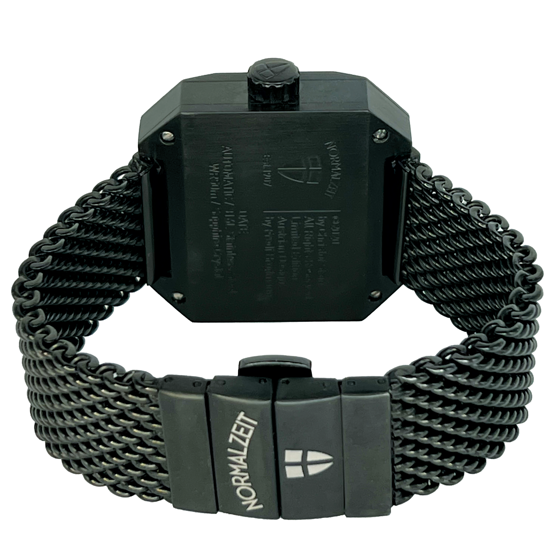 Normalzeit Der Offizier DLC black case back with black IP Milanese mesh bracelet, rear view