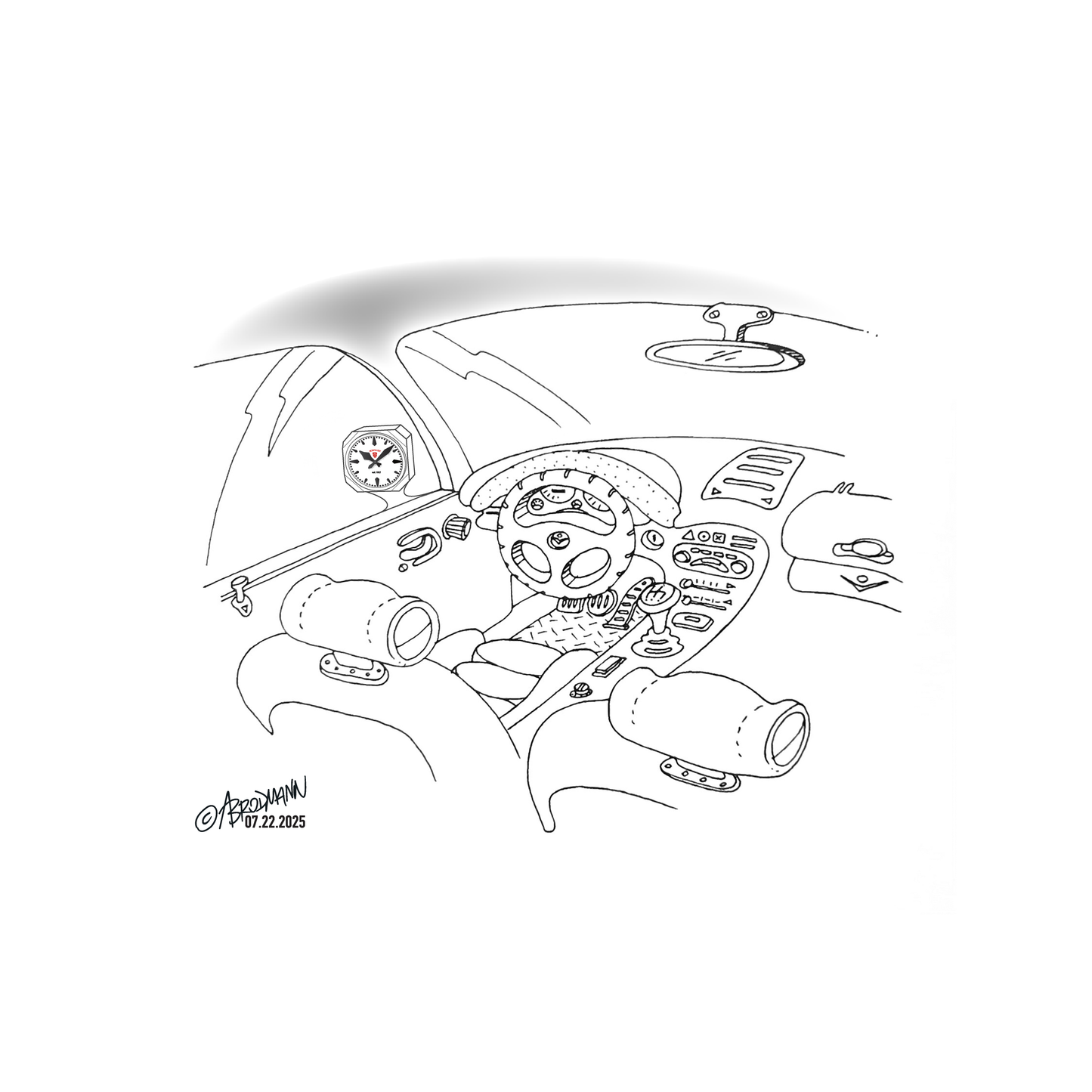 Line drawing of a car interior with dashboard and steering wheel on a white background