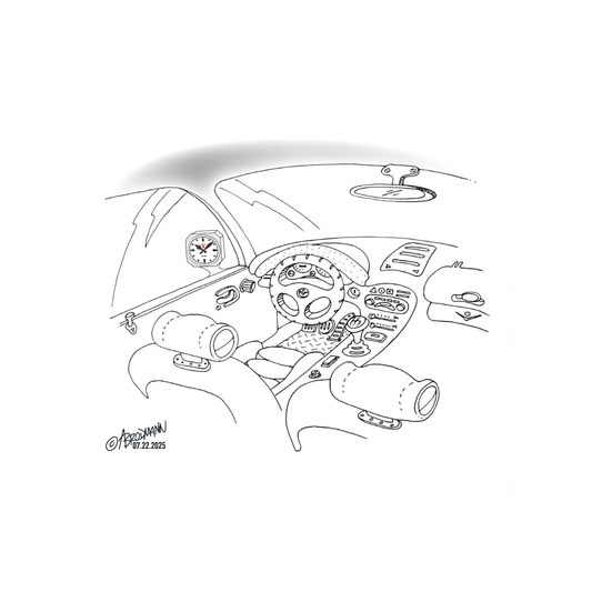 Line drawing of a car interior with dashboard and steering wheel on a white background