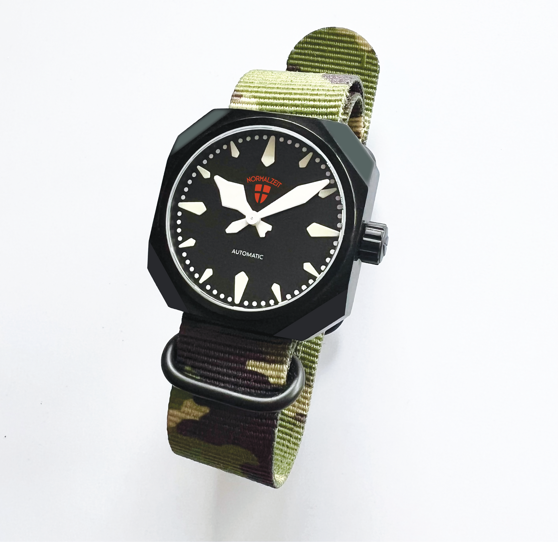 Normalzeit Der Kapitän DLC black automatic watch with camouflage nylon strap, angled view showing black dial and Super Luminova markers