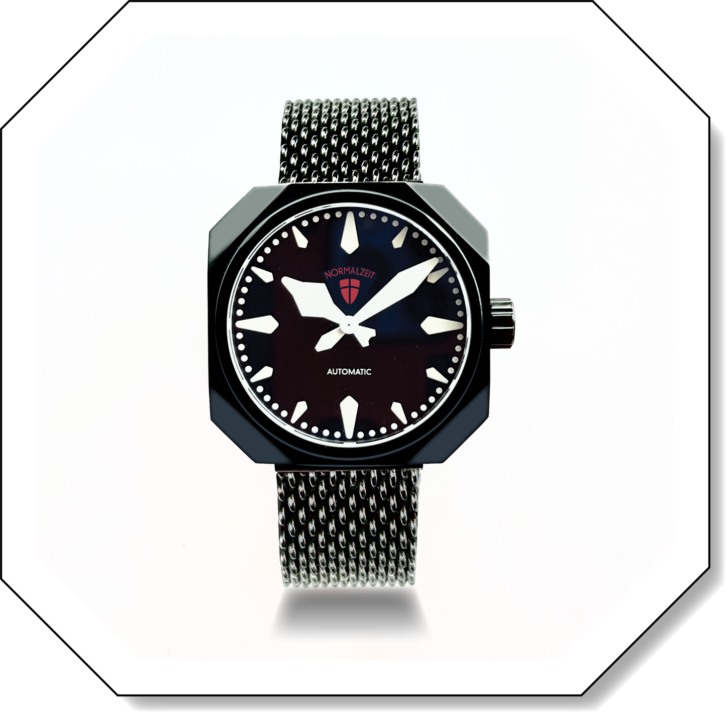 Normalzeit Der Offizier DLC black automatic watch with octagonal case and Milanese mesh bracelet