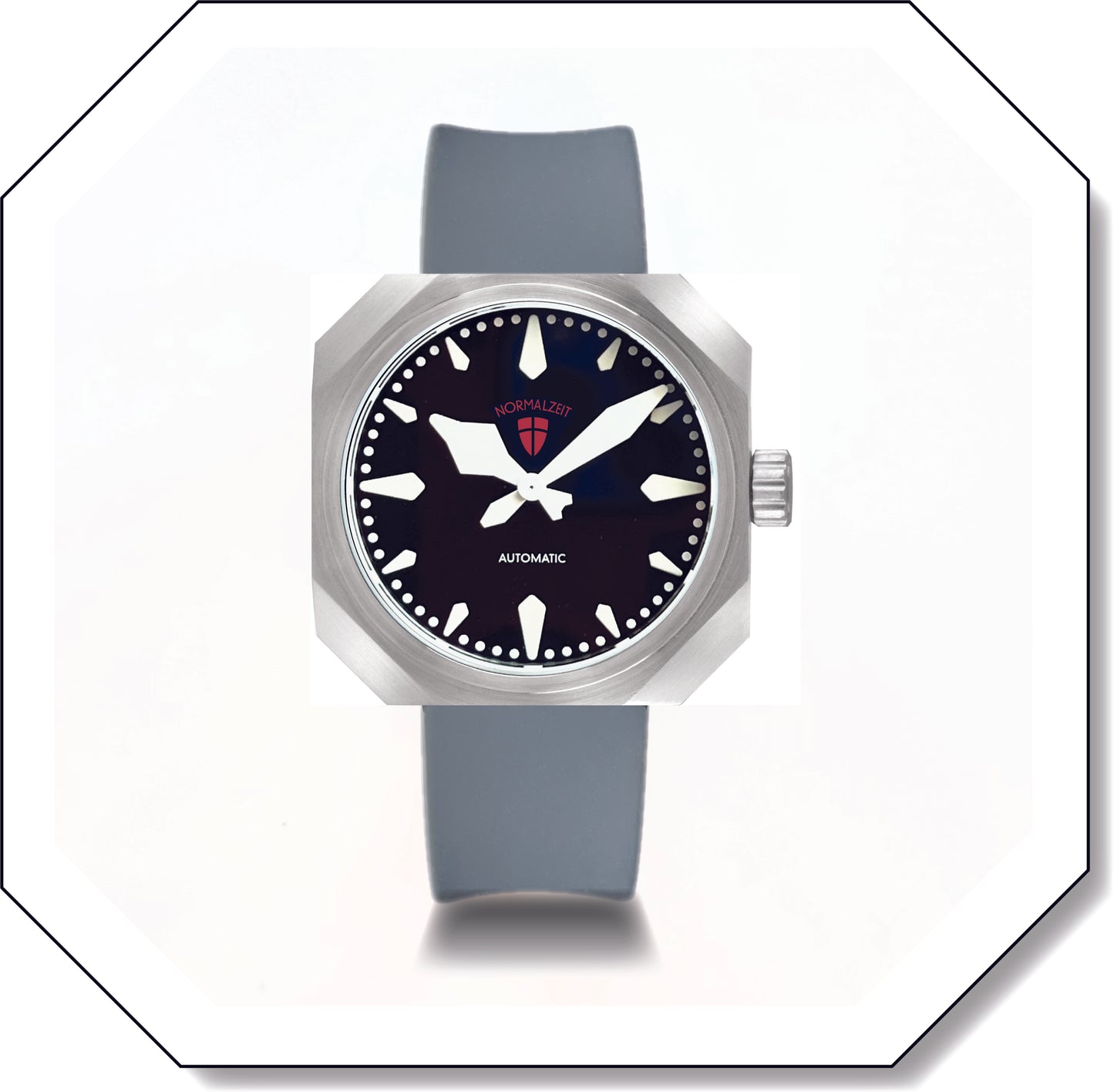 Normalzeit Der Gendarm automatic watch with black dial, octagonal stainless steel case, and gray silicone strap