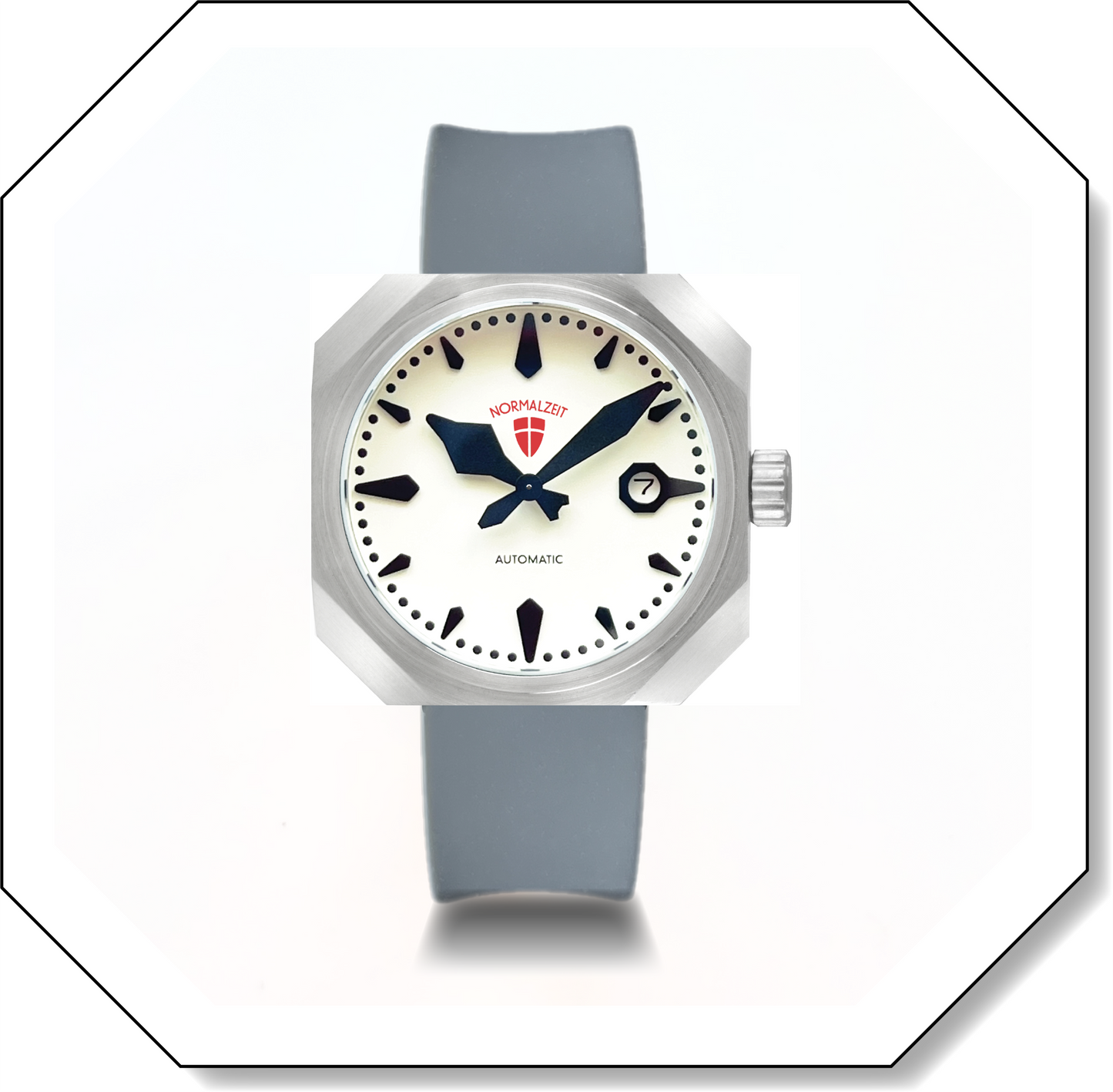 Normalzeit Der Prokurist automatic watch with white dial, octagonal stainless steel case, and gray silicone strap