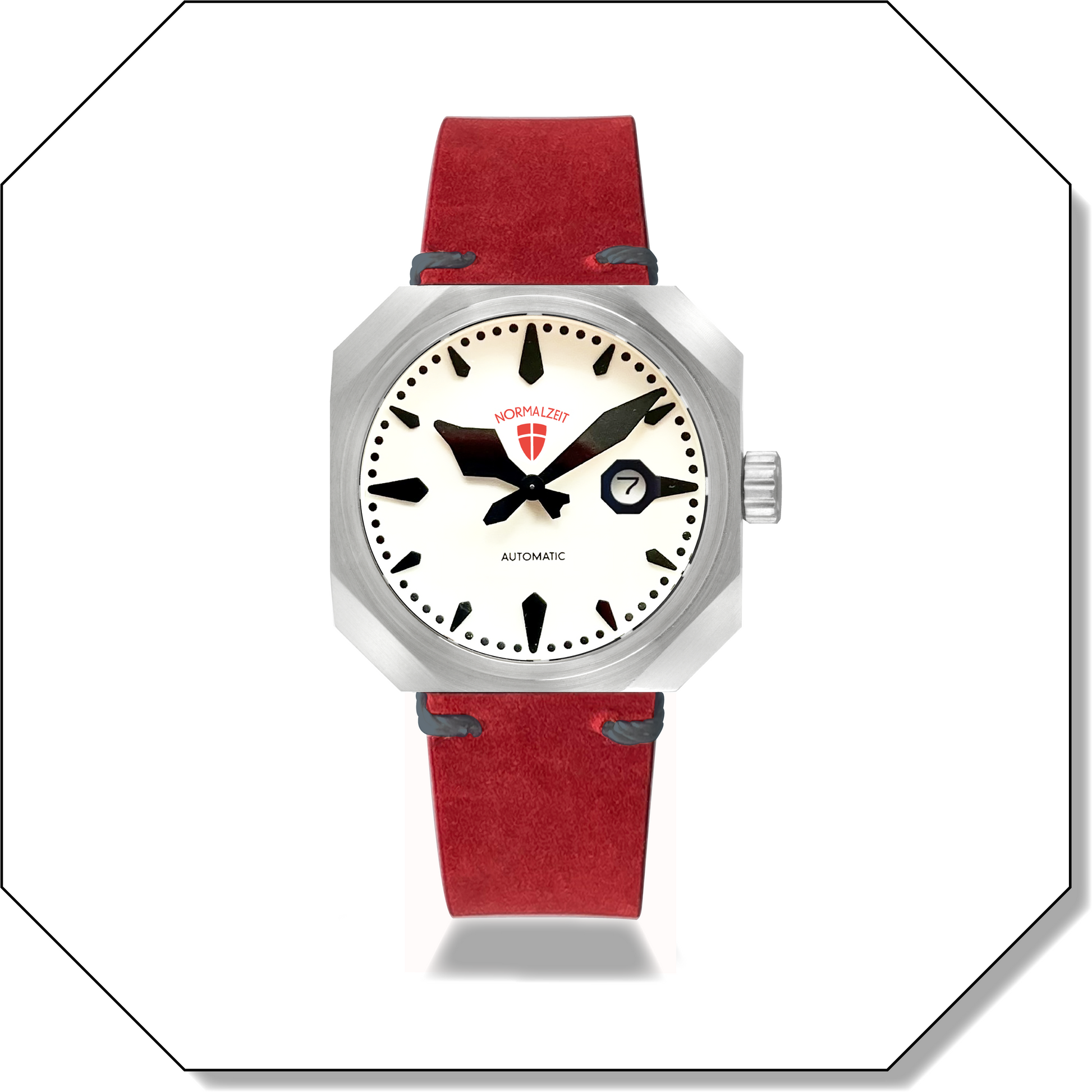 Normalzeit Der Ingenieur automatic watch with white luminous dial, octagonal case, and red leather Vienna Strap