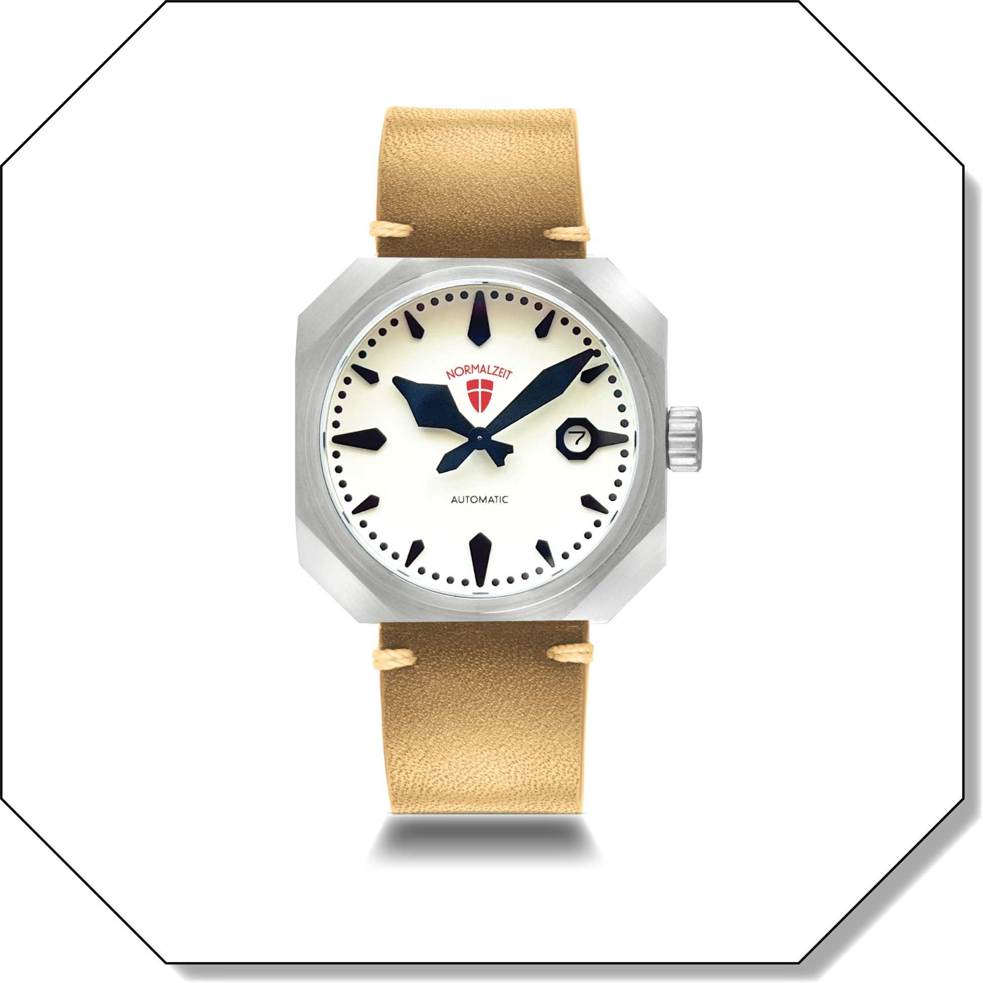 Normalzeit Der Adjutant automatic watch with white luminous dial, brushed octagonal case, and tan leather Vienna Strap