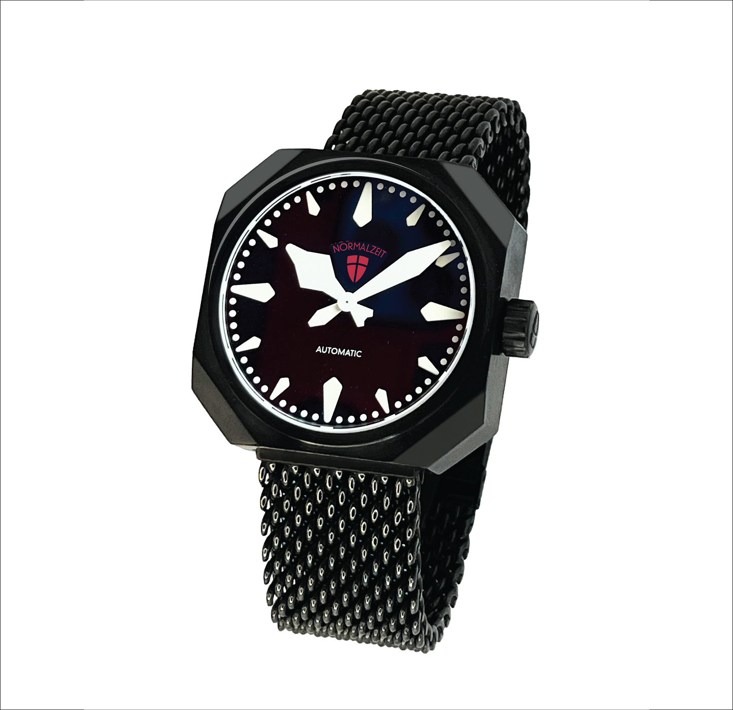 Normalzeit Der Offizier DLC black automatic with black dial and Milanese mesh bracelet, angled front view