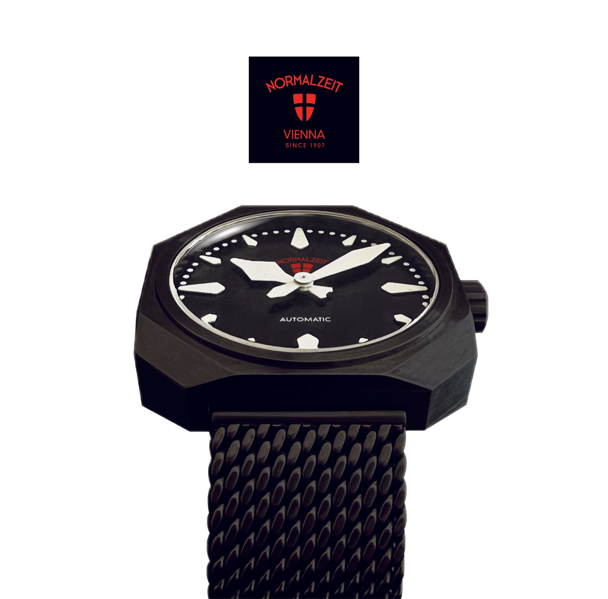 Normalzeit Der Offizier DLC black dial close-up showing Super Luminova markers and red shield logo