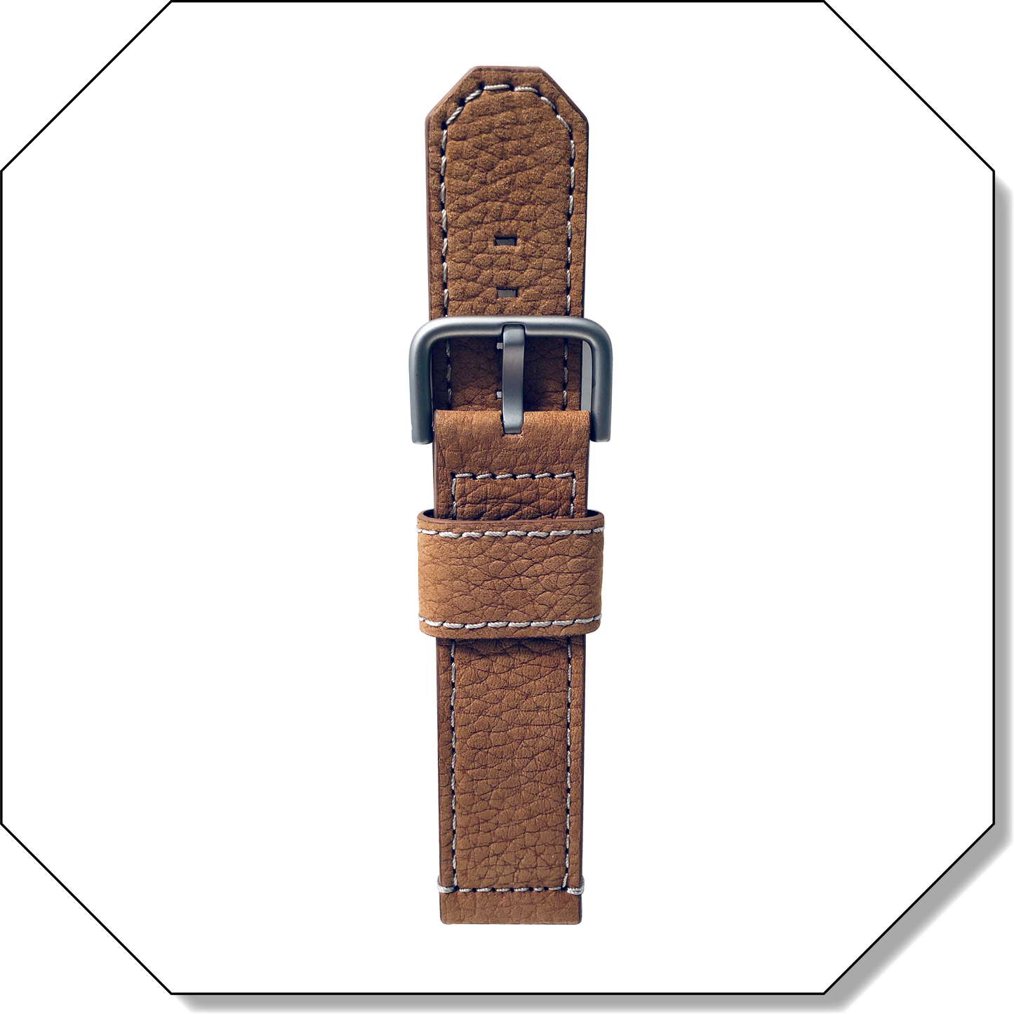 Normalzeit tan nubuk leather strap with contrast stitching and black IP buckle, shown in octagonal frame