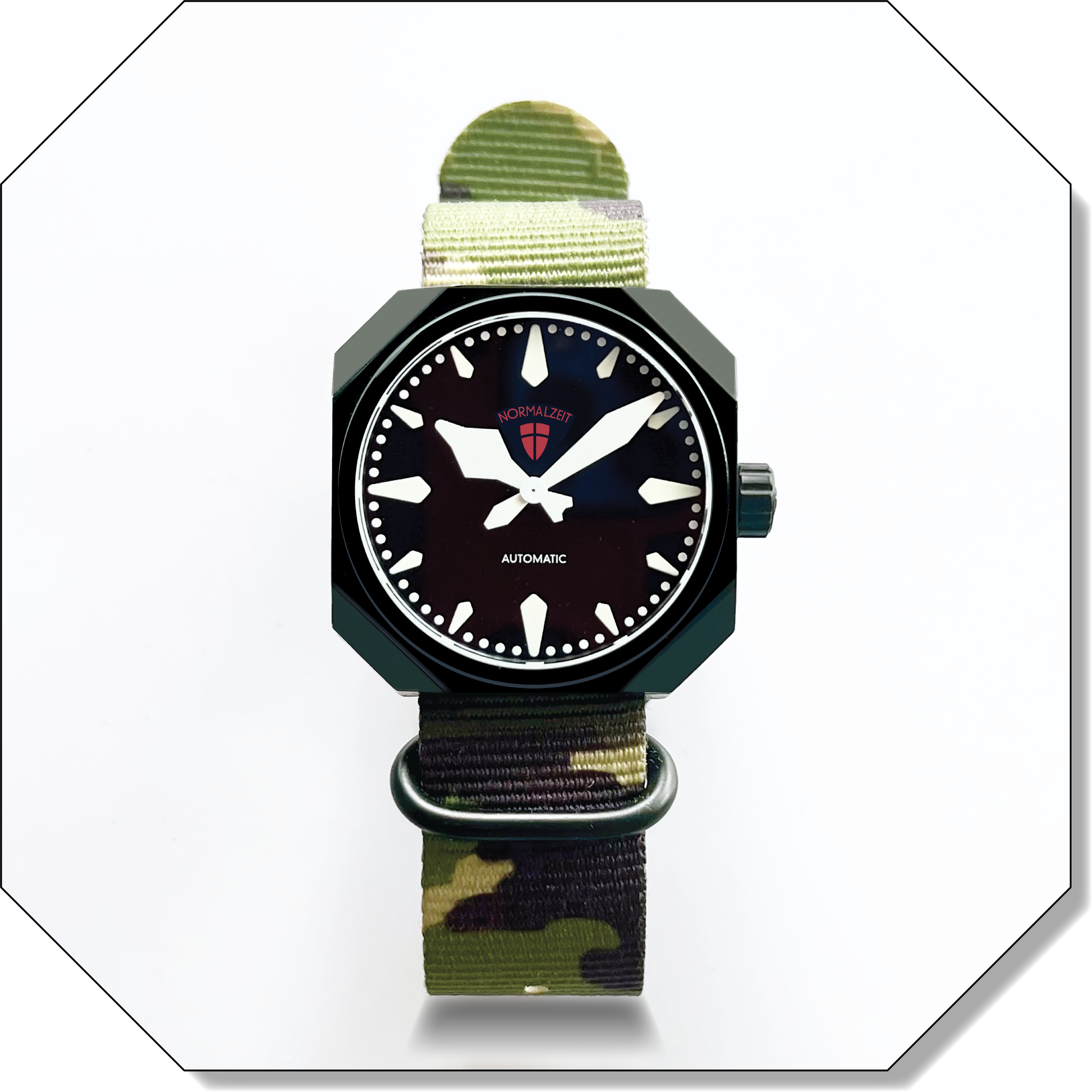 Normalzeit Der Kapitän DLC black automatic watch with black dial and camouflage nylon strap in octagonal frame