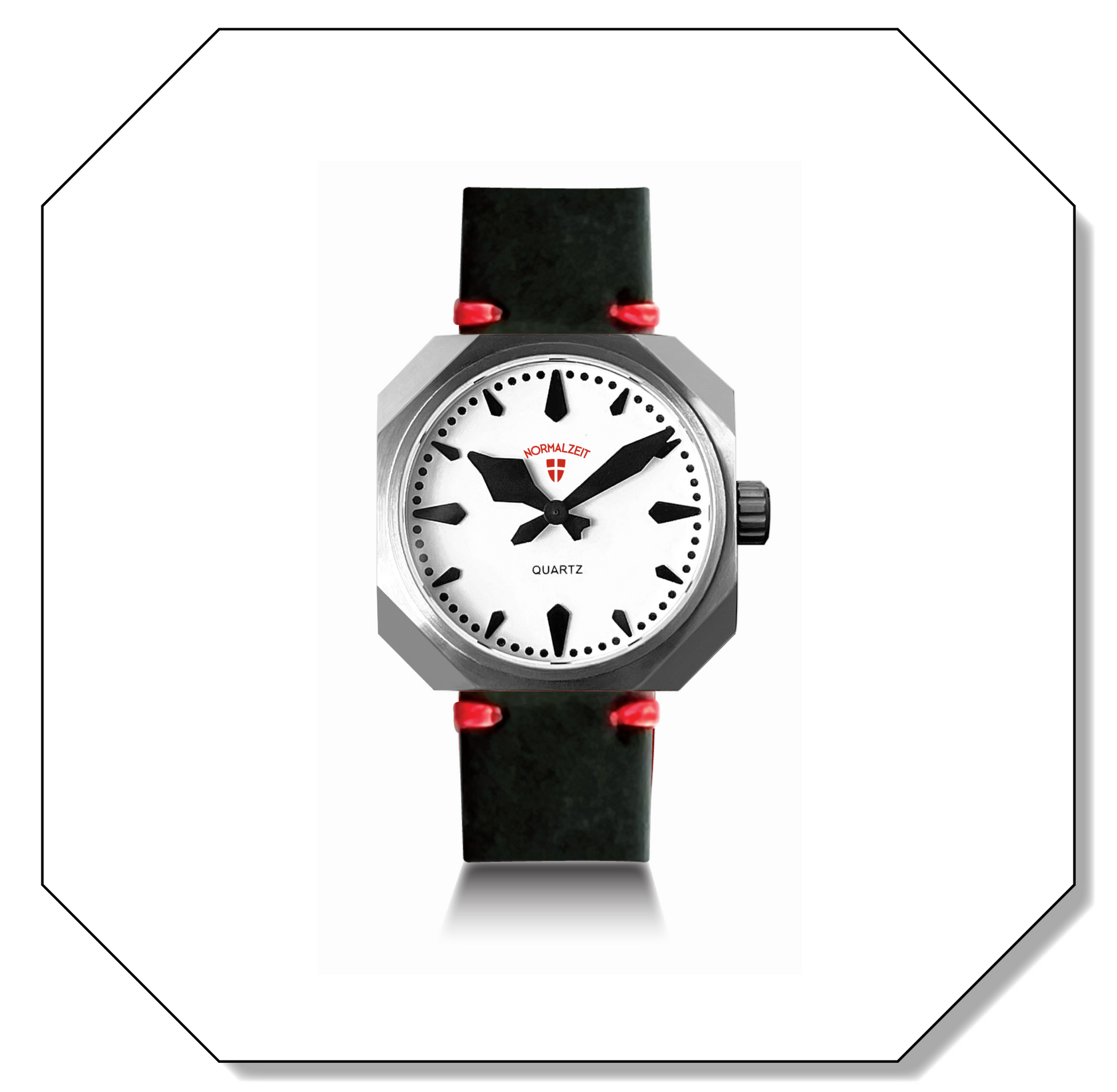 Normalzeit Die Prinzessin 36mm watch with full glow dial, brushed octagonal steel case, and black Vienna leather strap with red contrast stitching in octagonal frame