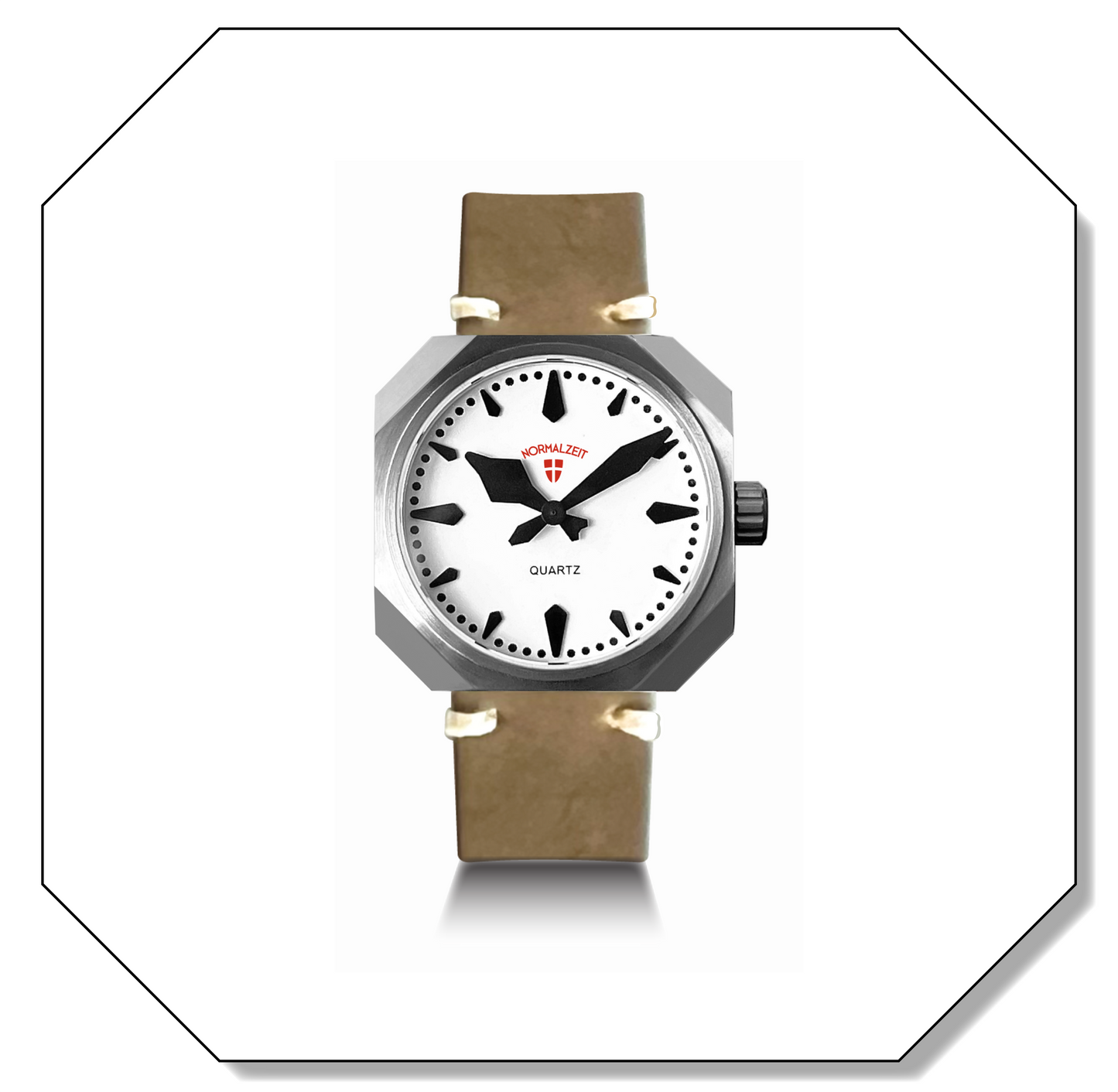 Normalzeit Die Baroness 36mm women's watch with red glow dial, octagonal case, and olive leather strap