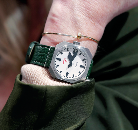 Normalzeit Die Baroness 36mm watch worn on wrist with olive leather strap, lifestyle detail