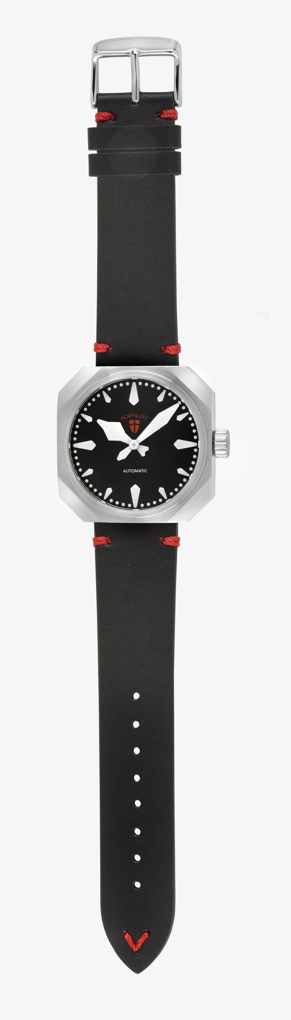 Normalzeit Der Grenadier full-length view showing complete black leather Vienna Strap with red hand-stitching and stainless steel buckle