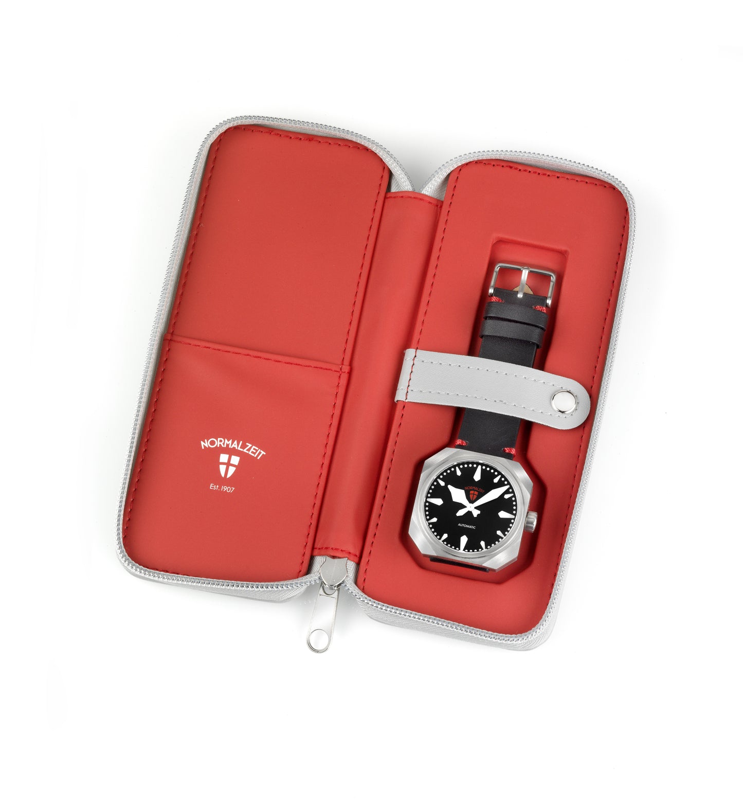 Normalzeit Der Grenadier watch in red leather travel case with Normalzeit branding